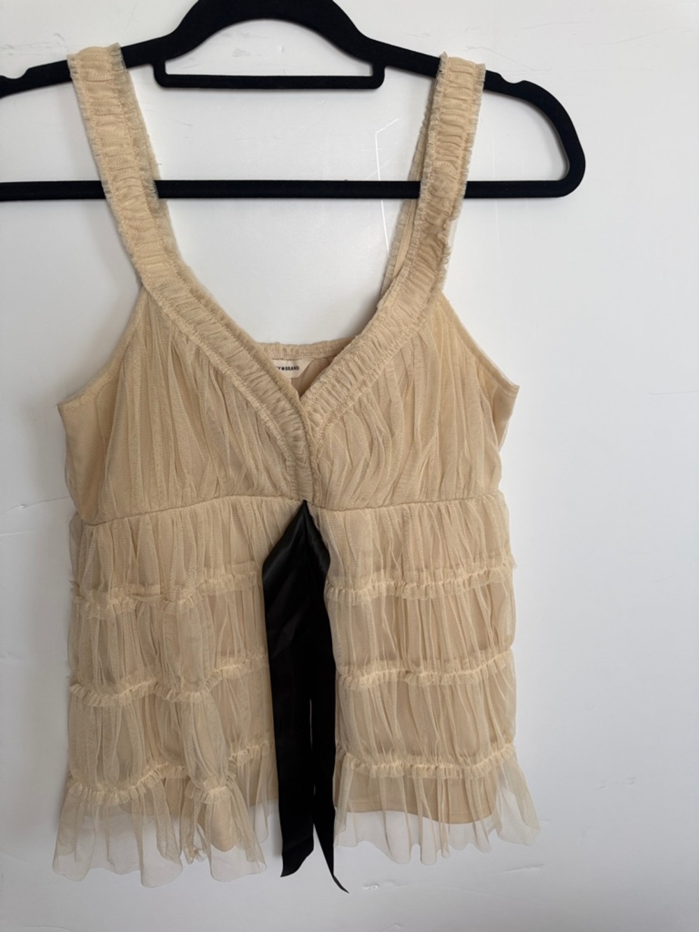 Lucky Brand Cream Ruffled Camisole with Black Ribbon